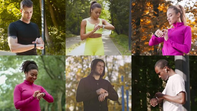 A collection of six individuals engaged in fitness activities, checking their fitness trackers in various outdoor environments.