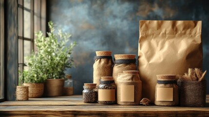 Naklejka premium Rustic Still Life: Jars, Spices, and Packaging on Wooden Table