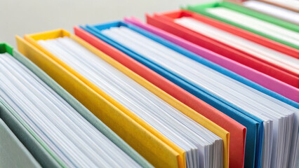 Organized office folders showcase variety of colors and neatly stacked papers, creating productive atmosphere for every worker