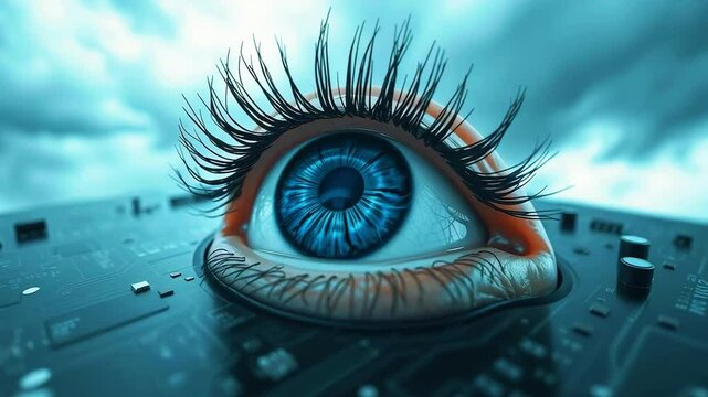 Futuristic close-up of a blue eye with long eyelashes on a circuit board, set against a cloudy sky backdrop