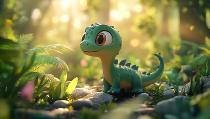 In a clay animation style, a cute baby dinosaur with brightly colored and large eyes.