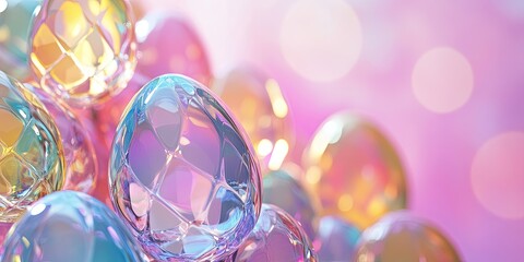 Transparent glass colorful eggs on festive pink background, close up, space for text