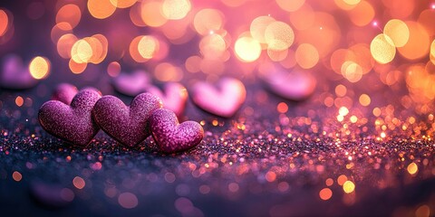 Dark pink glittering hearts on blurred bokeh  background, space for text