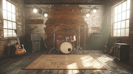 Rustic Loft Studio Instruments Ready for Rehearsal