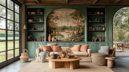 Rustic living room with scenic mural,  large windows,  earthy tones