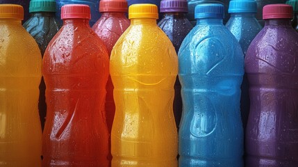 Vibrant Rainbow of Refreshing Drinks: A Colorful Collection of Bottled Beverages