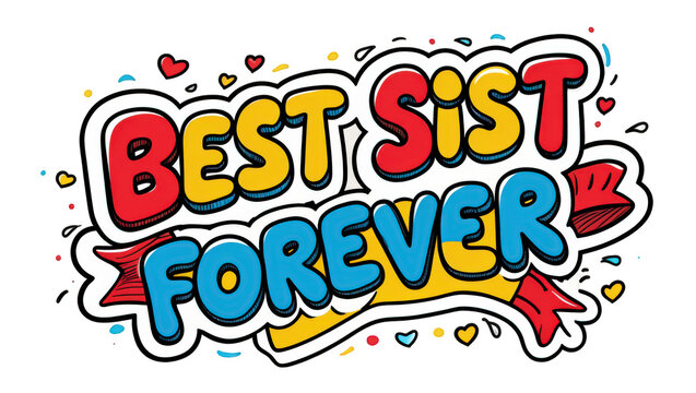 Vibrant design features the phrase Best Sist Forever amidst cheerful graphics like bows, hearts, and playful shapes, embodying the spirit of friendship and sisterly bonds.
