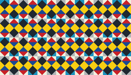A playful, multicolor tiling pattern composed of overlapping diamonds and split triangles, ideal for wrapping paper and digital design