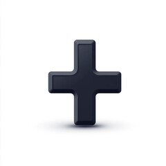 Sleek black cross symbol on a white background, rendered with subtle shadows.