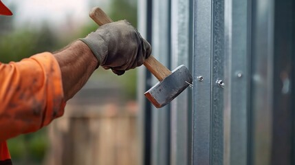 A construction worker using a hammer to secure metal studs. Featuring skill and precision