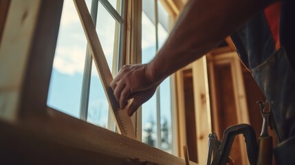 Carpenter framing a window in a construction project. Featuring craftsmanship and precision