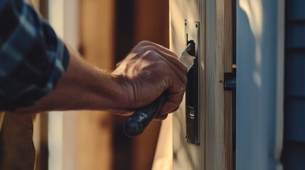 Carpenter installing a door at a construction site. Featuring craftsmanship and focus
