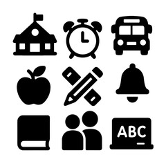 school teacher icons set Collection of black school and education icons including school building, clock, bus, apple, pencil, ruler, bell, book, students, and chalkboard for academic and classroom