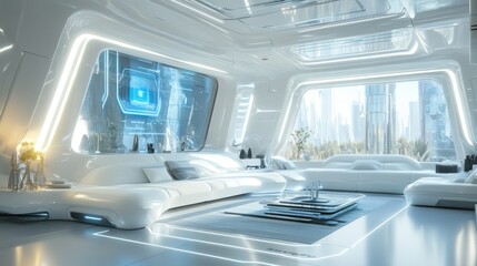 Naklejka premium Futuristic Living Room Design: A Glimpse into Tomorrow's Homes