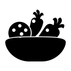 Simple Black and White Illustration of a Bowl of Vegetables and a Round Food Item
