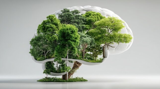 Green tree in a white container symbolizing growth in a 3d holographic projection of an ai brain's capabilities
