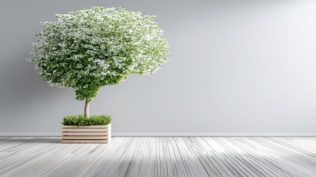 Potted tree in a modern design container representing growth and sustainability in a 3d holographic ai brain projection - Powered by Adobe