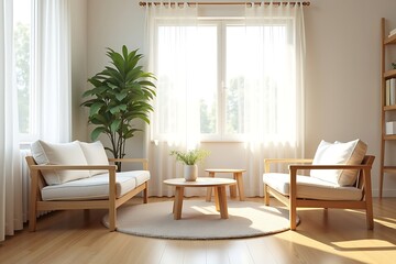Fototapeta premium Minimalist living room interior design ideas with wooden furniture and natural light inspiration home decor