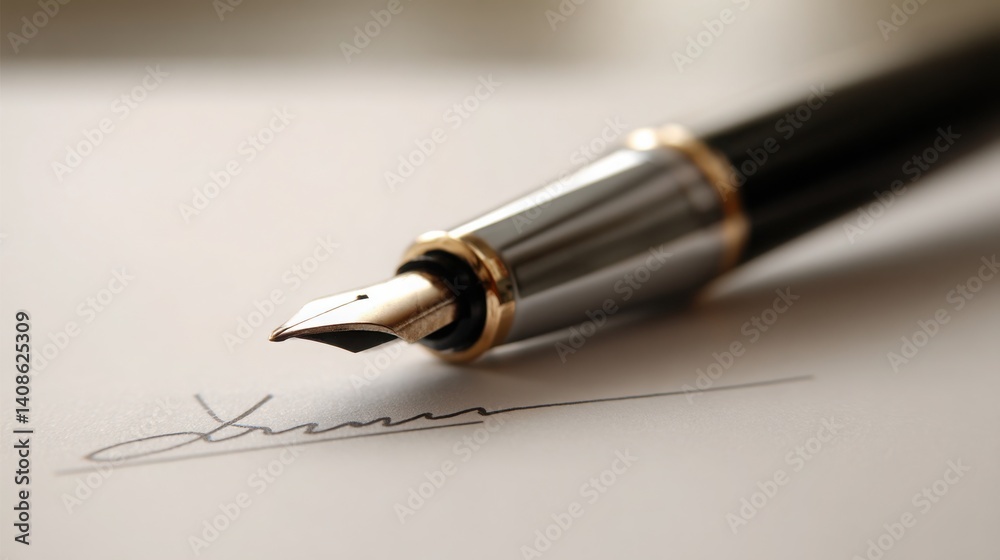 Poster classic pen and paper with motion lines demonstrating automation drawing a signature for formal docu