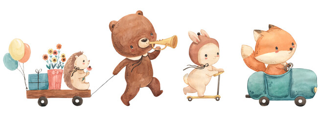 Watercolor bear, fox, bunny and hedgehog illustration for kids