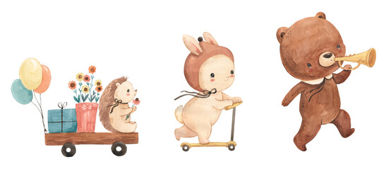 Fototapeta premium Watercolor bunny, hedgehog, bear illustration for kids