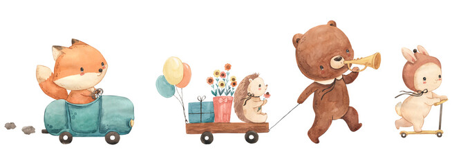 Watercolor fox, bunny, hedgehog, bear illustration for kids
