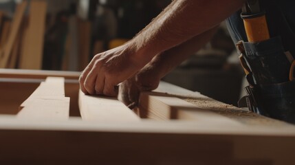 Carpenter installing a window frame at a construction site. Featuring skill and attention to detail