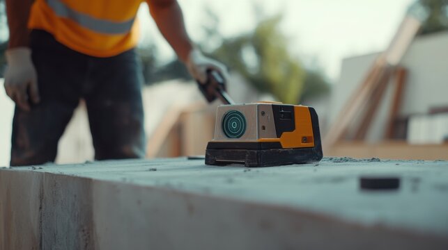 A construction worker using a laser level for precise measurements. Featuring technology and accuracy
