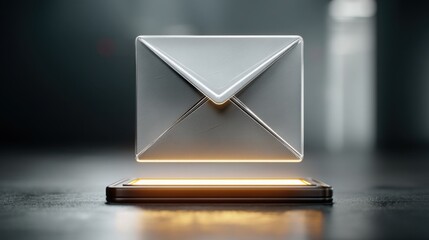 Digital envelope resting on table with floating glowing signature pad indicating secure document signing process