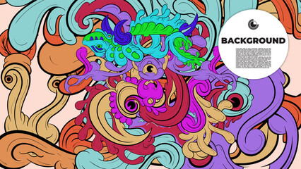 Playful Cartoon Monster Character with Tentacles, Eyes, Feathers, and Leaves – Fun Fantasy Wallpaper Design