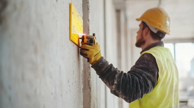 A construction worker using a laser level to measure a wall. Featuring precision and measurement