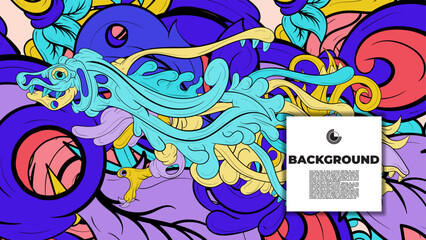 Playful Cartoon Monster Character with Tentacles, Eyes, Feathers, and Leaves &ndash; Fun Fantasy Wallpaper Design