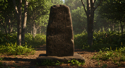 Ancient Engraved Monolith Standing Erect Amidst Verdant Woodland Setting