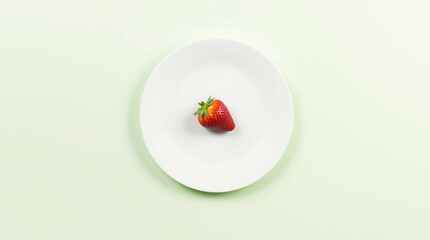 A white ceramic plate with a single strawberry placed on a pastel green background