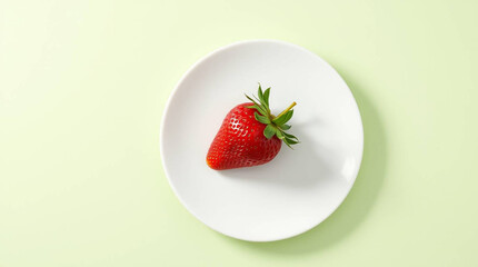A white ceramic plate with a single strawberry placed on a pastel green background