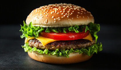 A juicy hamburger garnished with lettuce, tomato, and cheese. The background is dark black.