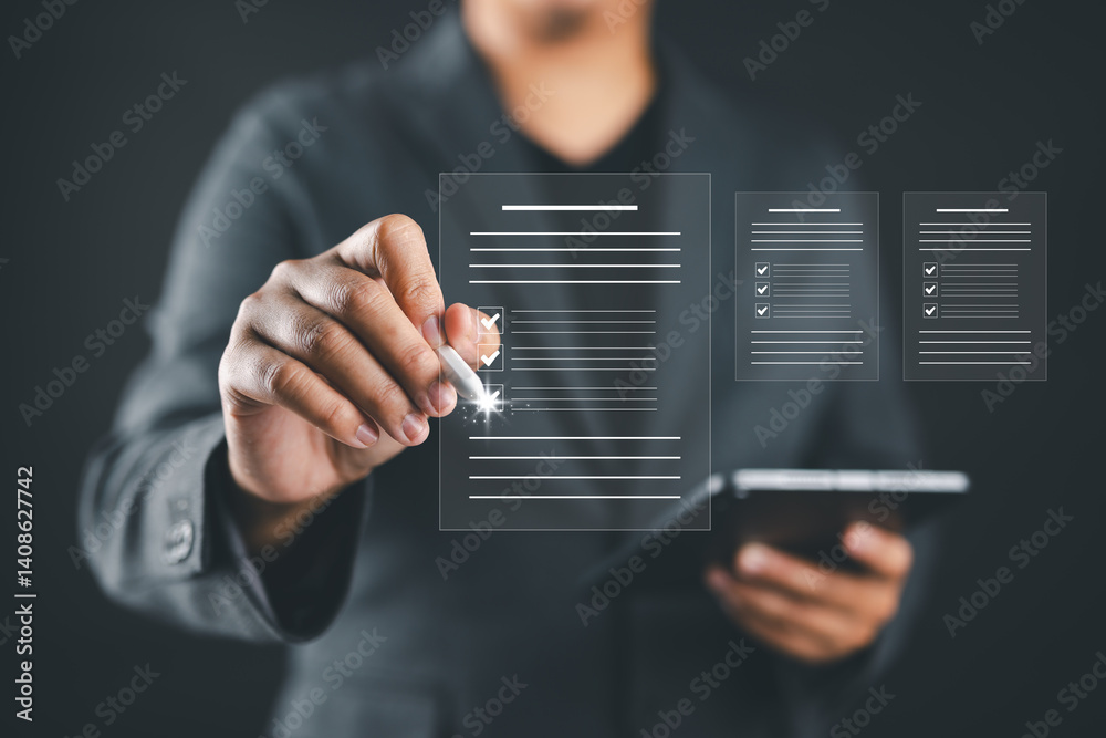 Poster Businessman checking the steps through document with a list of checkboxes, regulation, Concepts of practices and policies, procedure company articles of association Terms and Conditions, inspection