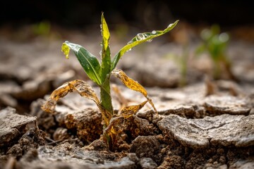 Fototapeta premium A young corn sprout emerges from cracked dry land at a landfill site under development. Polyethylene film is laid to prevent soil contamination Generative AI