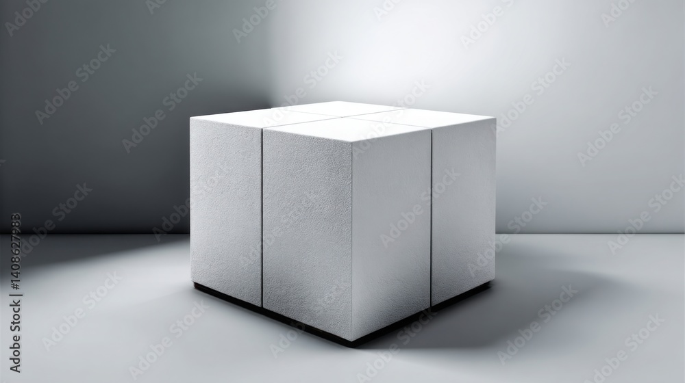 Poster white cube on a table with soft burst of light symbolizing expansion of ideas and creativity in a mi