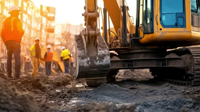 Construction Site Dynamics: A construction site unfolds with the interplay of a heavy excavator and the focused work of construction professionals.
