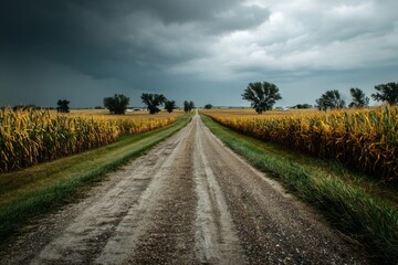 Fototapeta premium Quarry site under development for a landfill is seen alongside vast corn fields. Polyethylene film is laid to prevent soil contamination amidst overcast skies Generative AI