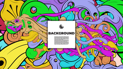 Playful Cartoon Monster Character with Tentacles, Eyes, Feathers, and Leaves &ndash; Fun Fantasy Wallpaper Design