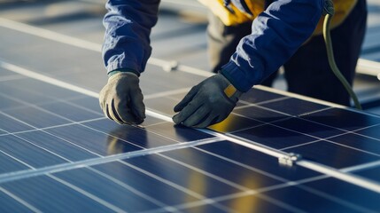 Solar panel technician securing photovoltaic panels on a rooftop. Featuring sustainability and expertise