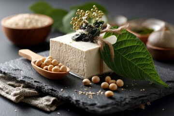 Quarry shows ongoing landfill development for household waste, featuring a polyethylene film and a tofu block adorned with soybeans and leaves Generative AI