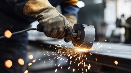 Steel fabricator polishing a custom metal frame in a workshop. Featuring precision and craftsmanship