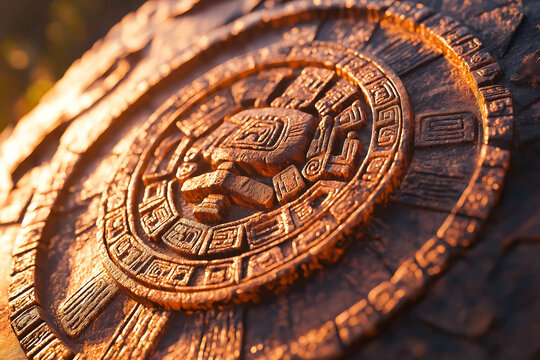 Close view of the aztec calendar, preciously hand carved details in the wood.