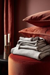Grey marl beanie with subtle color variations, folded neatly on a plush velvet cushion - comfortable still studio craft