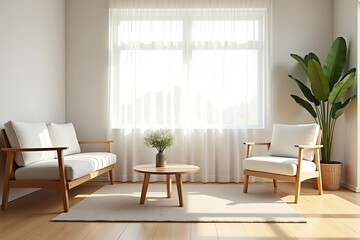 Fototapeta premium Modern minimalist living room interior design ideas with wood furniture and bright natural light design