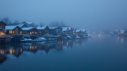 Fototapeta premium Misty winter night, snow-covered houses reflected in calm water.
