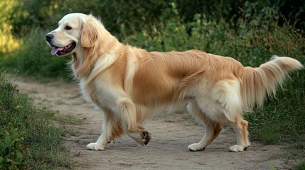 Golden retriever strolling on a path, bathed in warm evening light, embodying peaceful companionship with nature.
